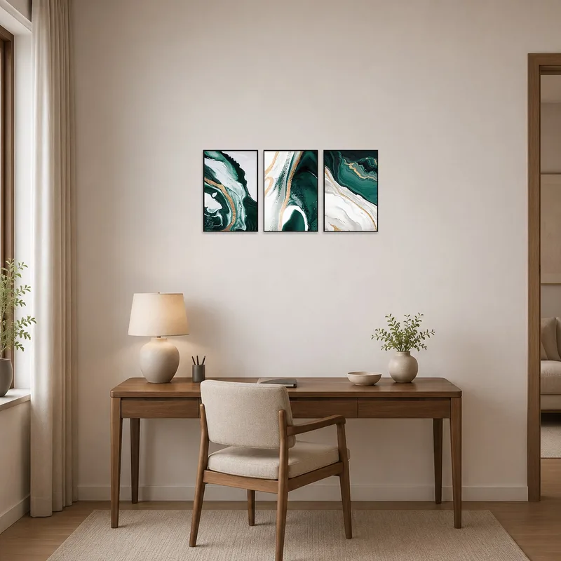Home office enhanced by a modern triptych in emerald and gold hues.