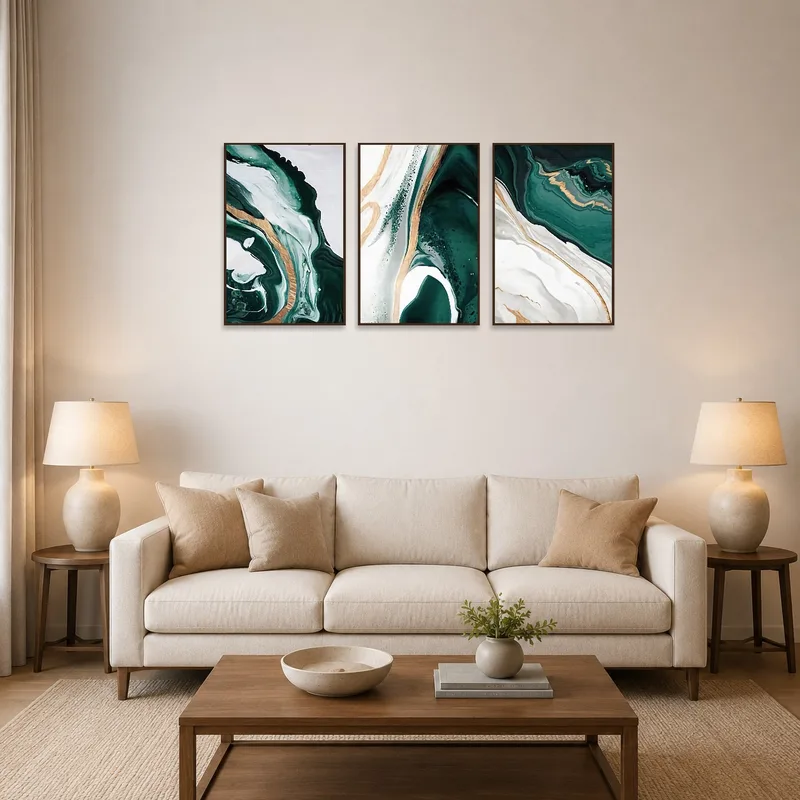 Emerald and gold fluid art triptych in a stylish living room setting.