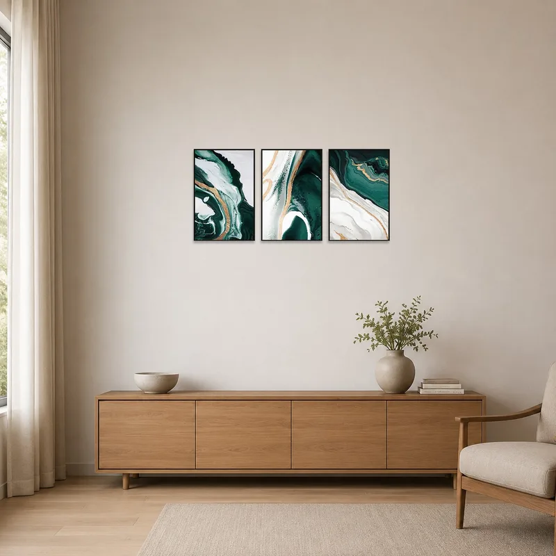 Sleek minimalist space featuring abstract emerald and gold fluid art.