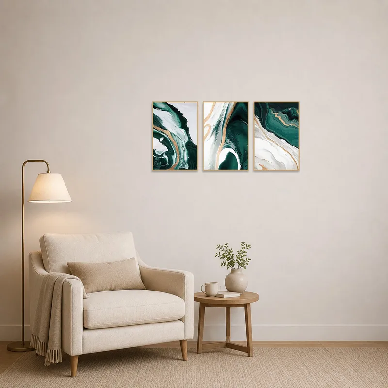 Reading corner accentuated by an emerald and gold abstract art piece.