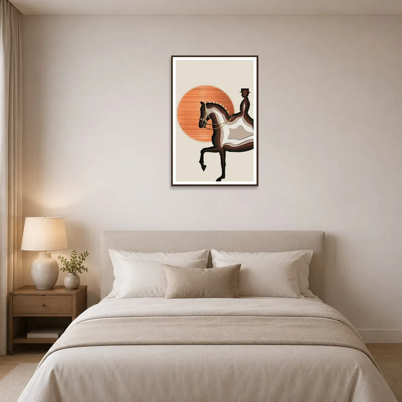 Bedroom with abstract equestrian sunset artwork above the bed.