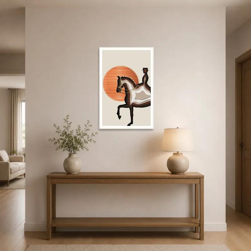 Entrance hall featuring abstract equestrian sunset accent piece.