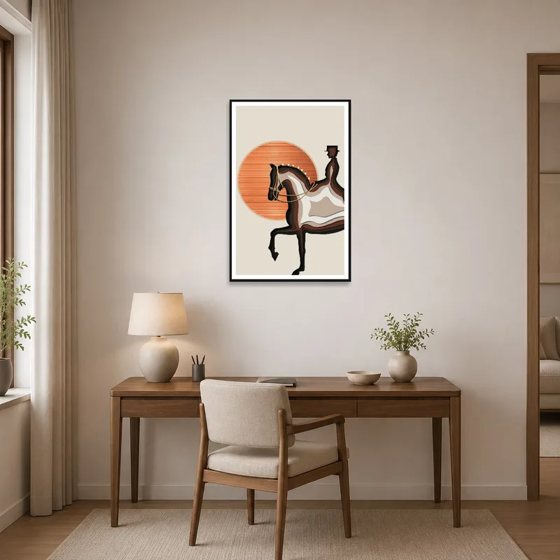 Home office showcasing abstract equestrian sunset art on the wall.