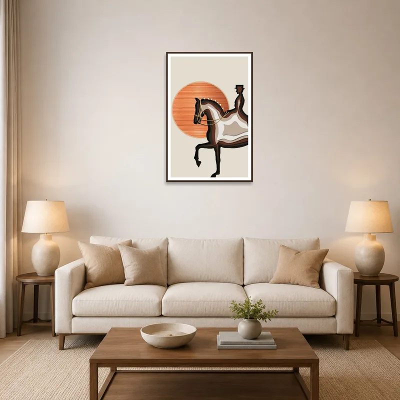Abstract equestrian sunset art in a modern living room setting.