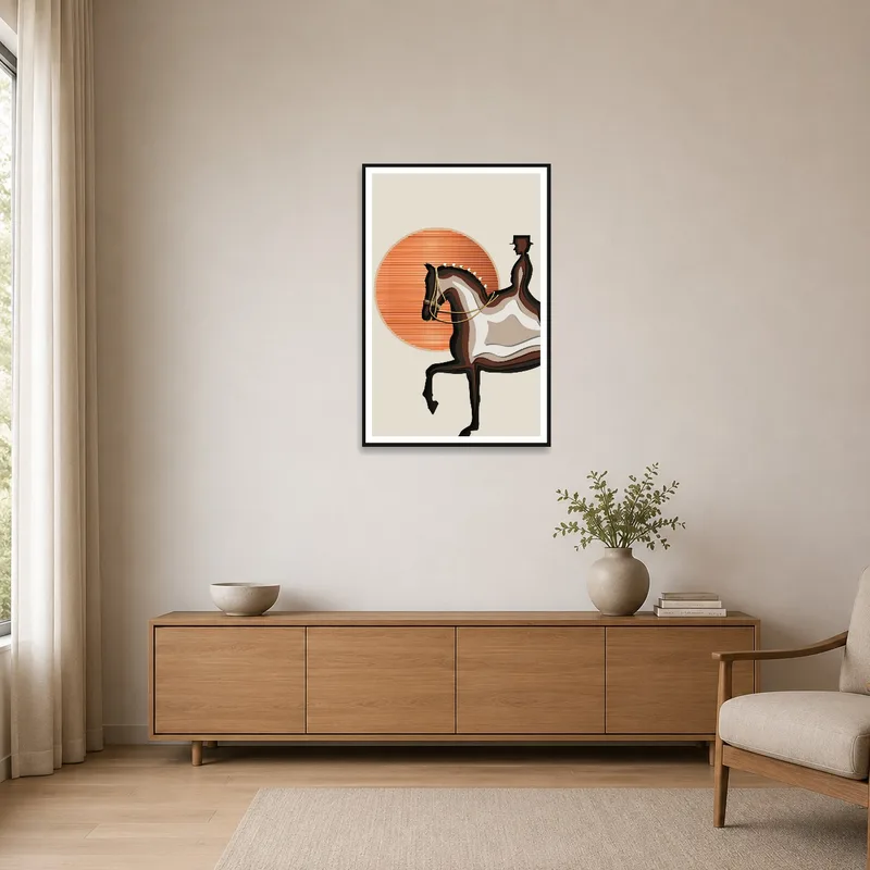 Minimalist room highlighting abstract equestrian sunset art.