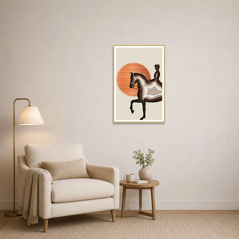 Cozy reading corner with abstract equestrian sunset art.