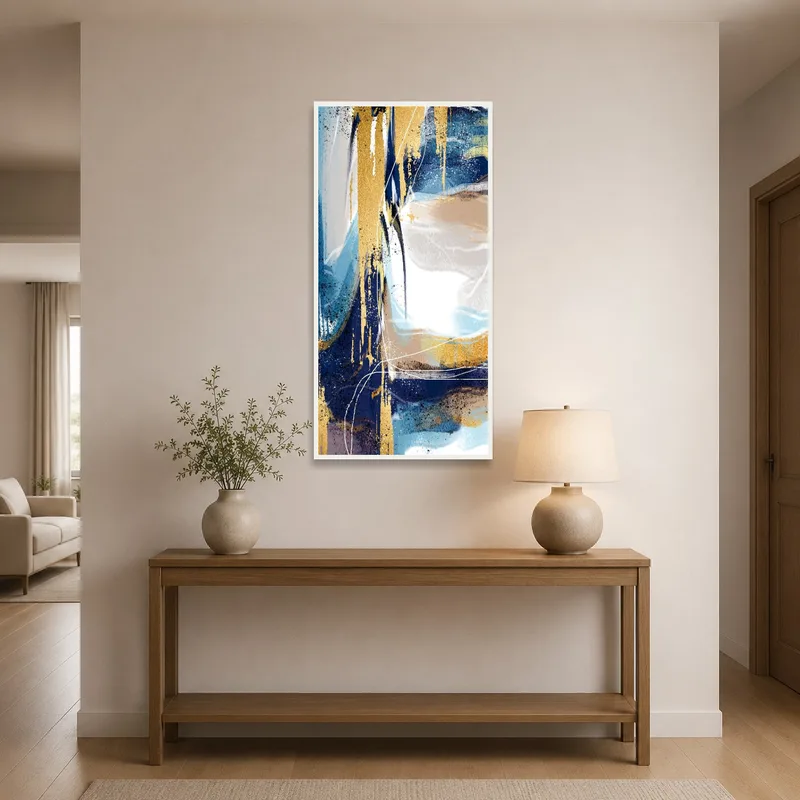 Vibrant blue and gold canvas welcoming guests in an entrance hall.