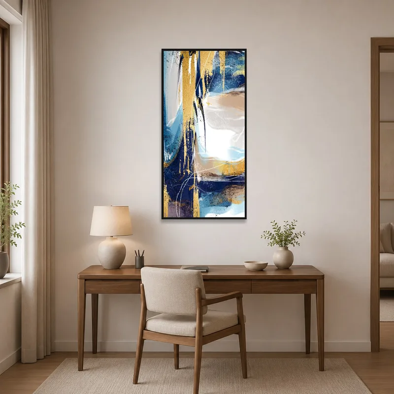Bold abstract canvas adding inspiration to a home office space.