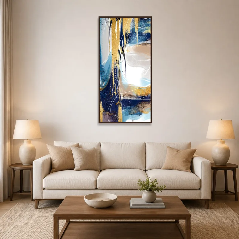 Abstract expressionist canvas in blue and gold hanging in a cozy living room.