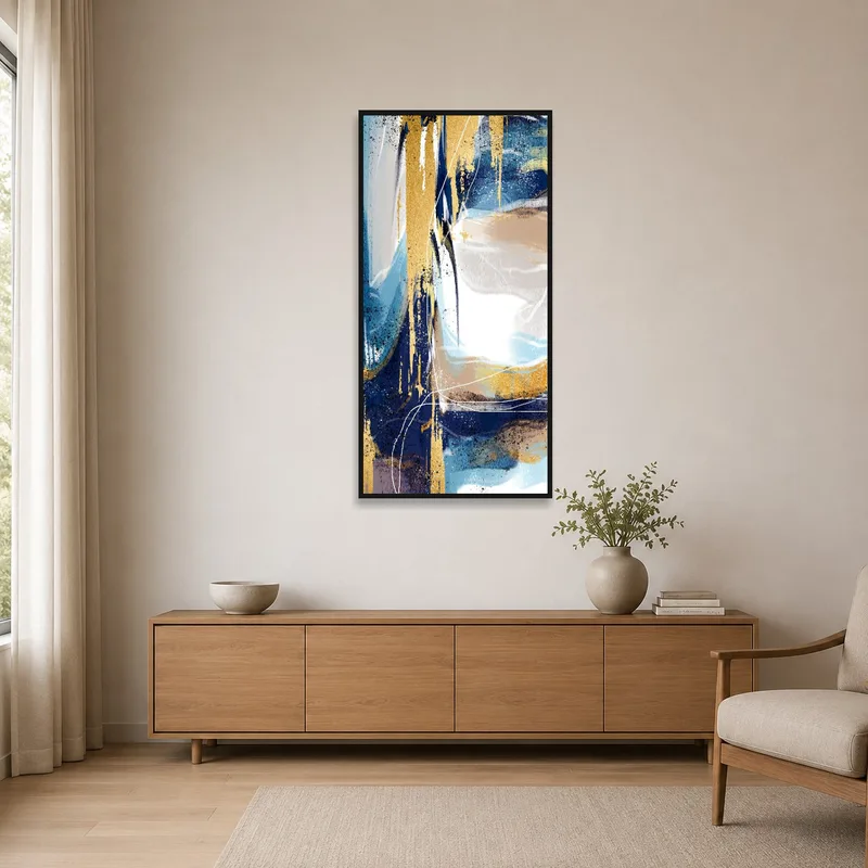 Blue and gold abstract canvas complementing a minimalist room decor.