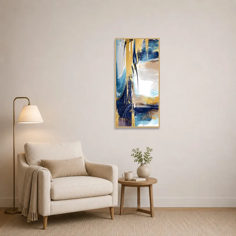 Artistic blue and gold abstract piece brightening a reading corner.