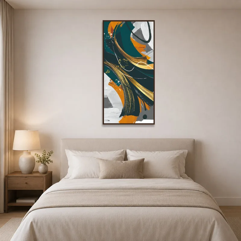 Abstract expressionist art featuring gold beside a neutral bed.