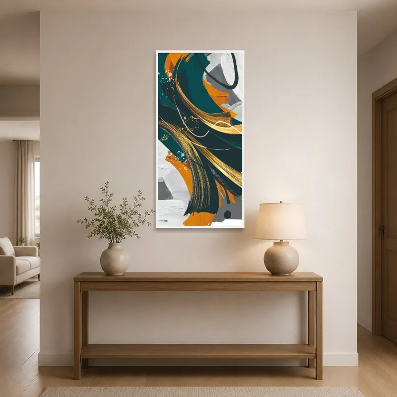 Abstract expressionist piece with gold tones in a stylish entrance hall.