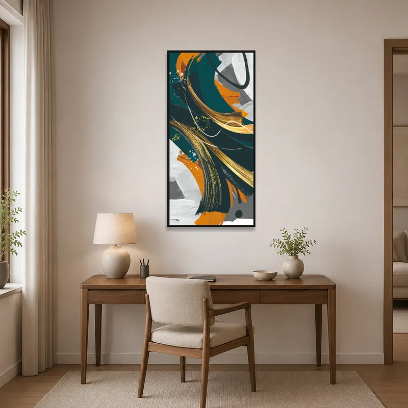 Expressive canvas with gold elements above a sleek desk in a home office.