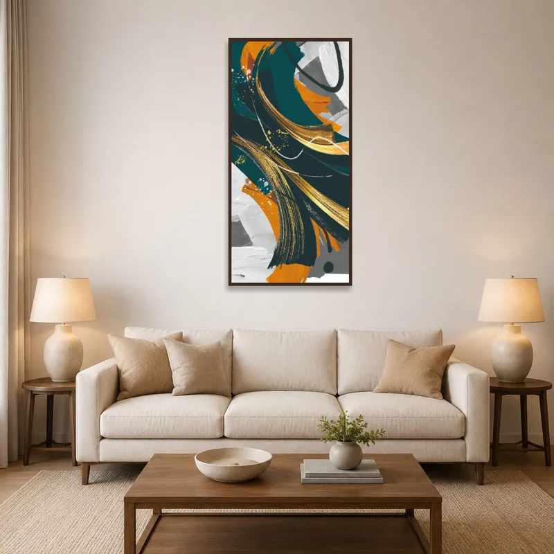Abstract expressionist canvas with gold accents above a modern sofa.