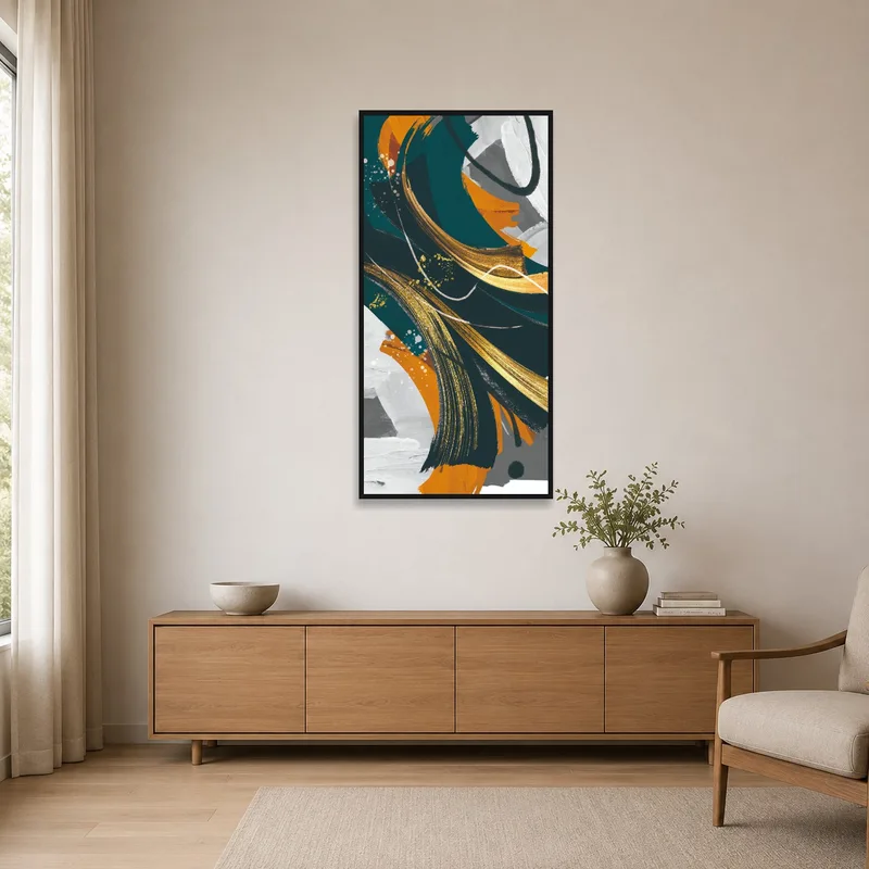 Bold abstract expressionist canvas with gold on a minimalist white wall.