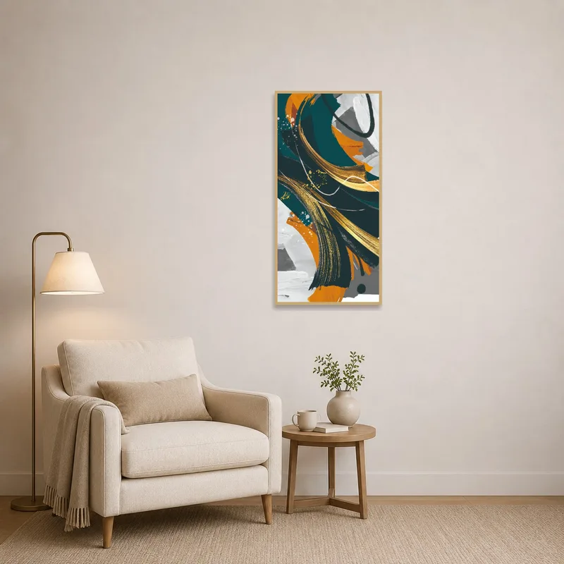 Canvas with abstract expression and gold accents in a cozy reading corner.