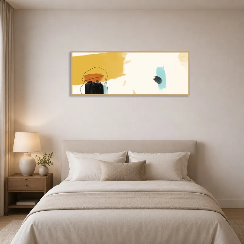 Colorful abstract expressionist piece over a serene bedroom setup.