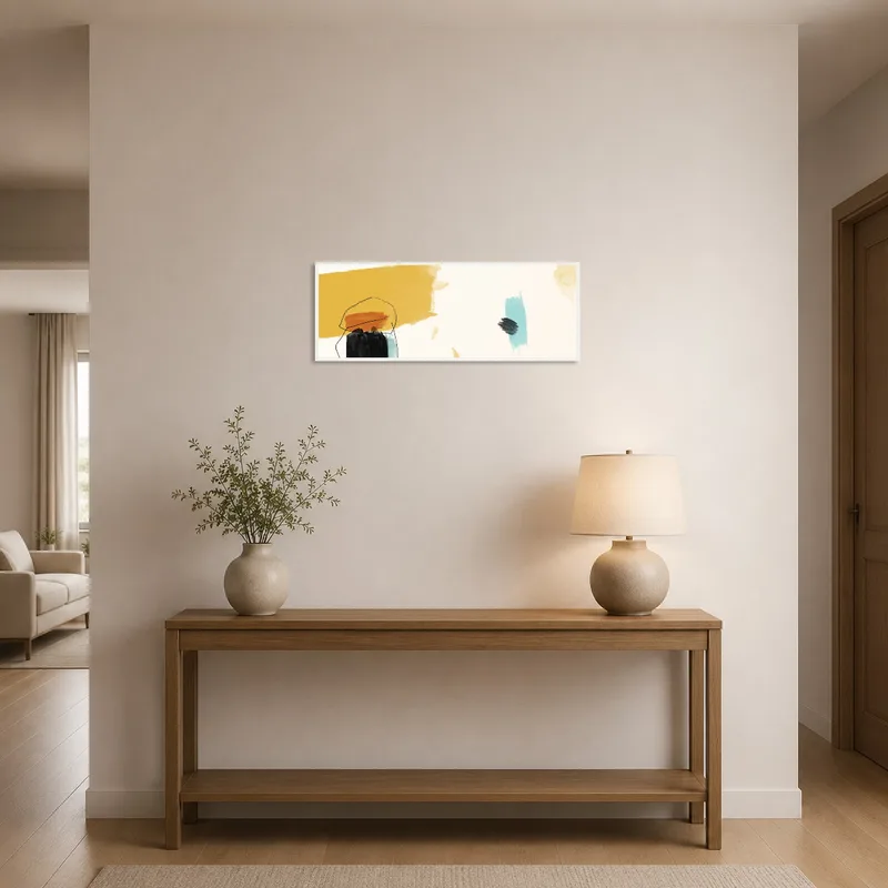 Panoramic abstract print greeting guests in an entrance hall.