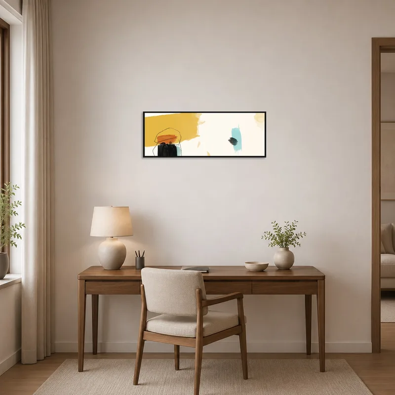 Dynamic abstract print inspiring creativity in a home office.