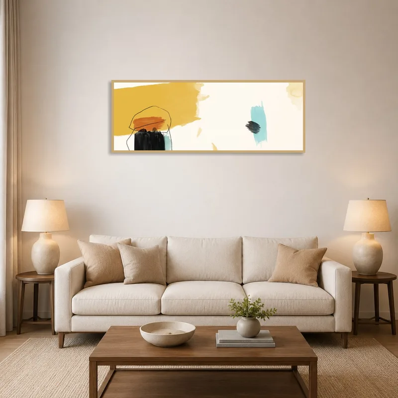 Abstract expressionist art print above a modern living room sofa.