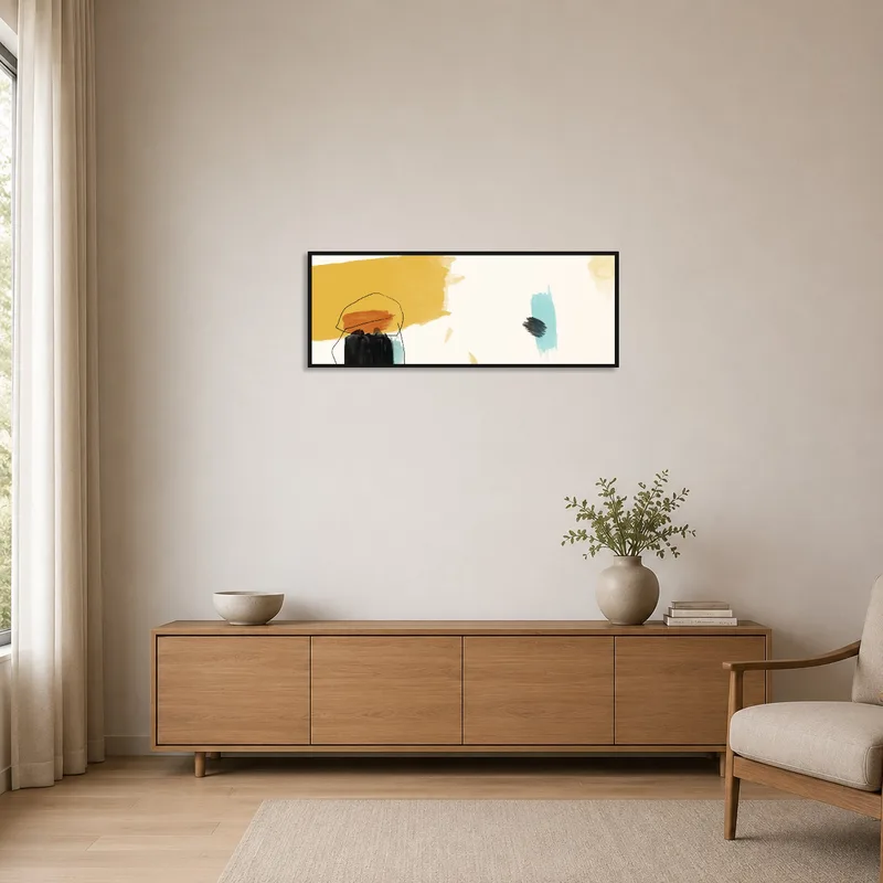 Minimalist space enhanced by bold abstract expressionist art.