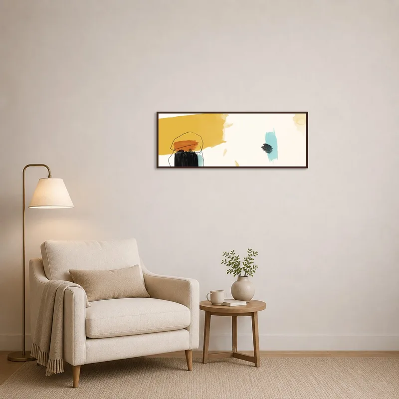 Vibrant abstract art print energizing a cozy reading corner.
