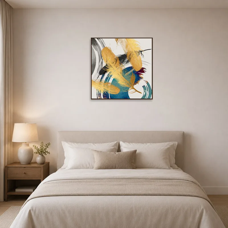 Abstract artwork bringing style to a serene bedroom over the bed.
