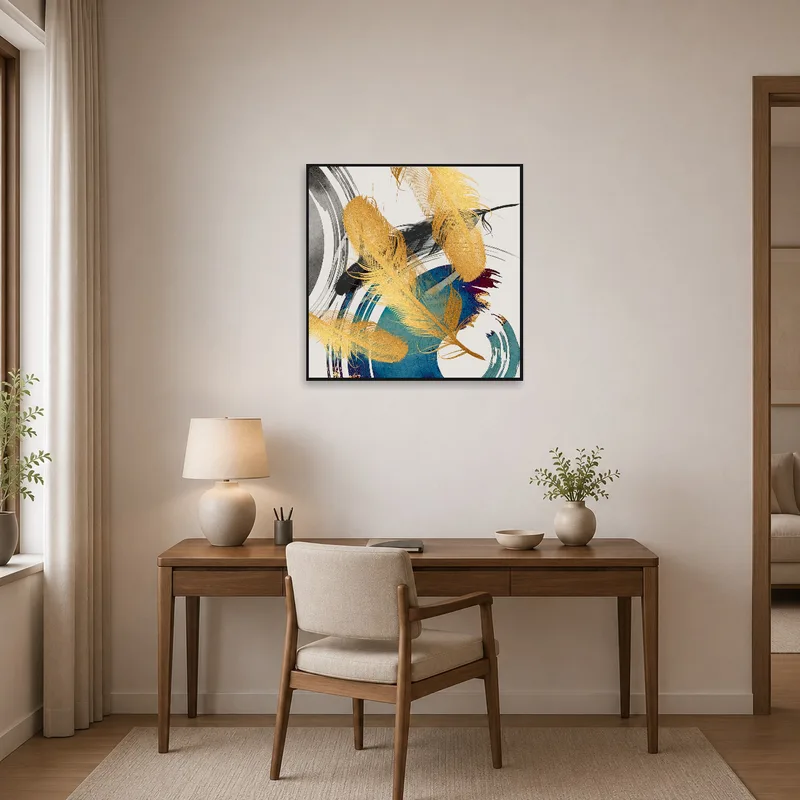 Feather and brushstroke art energizing a focused home office workspace.