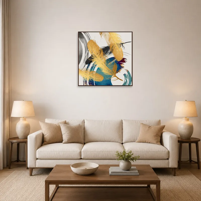 Abstract feather and brushstroke art above a modern sofa in a cozy living room.