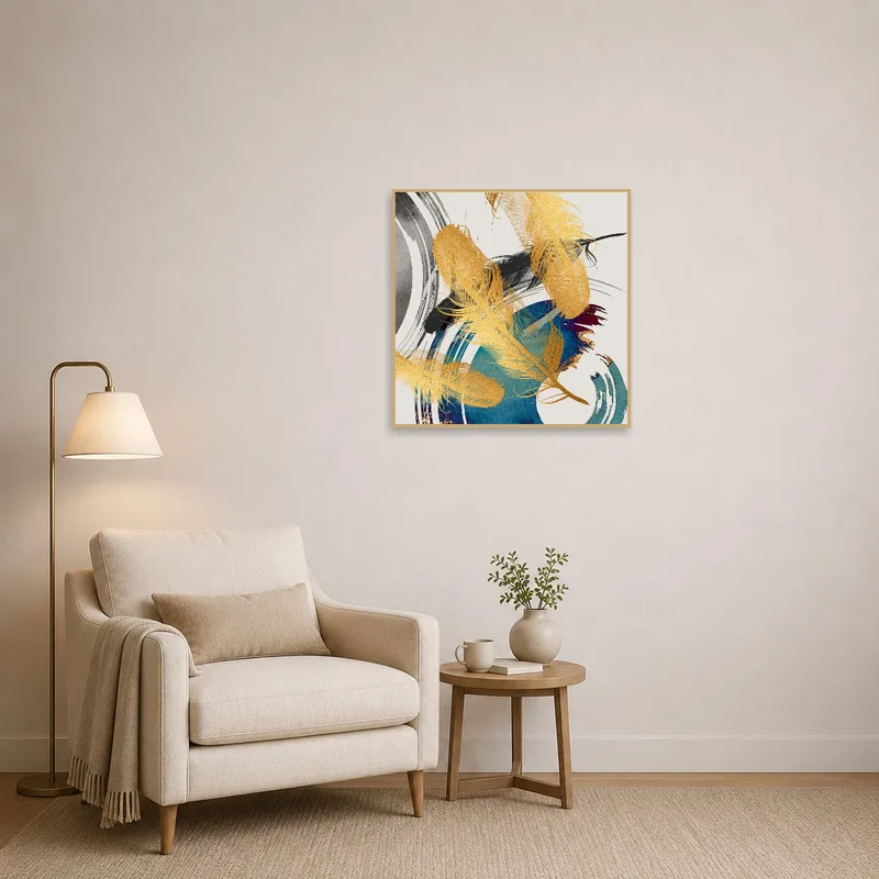 Feather brushstroke design enhancing a calm reading corner with a comfy chair.