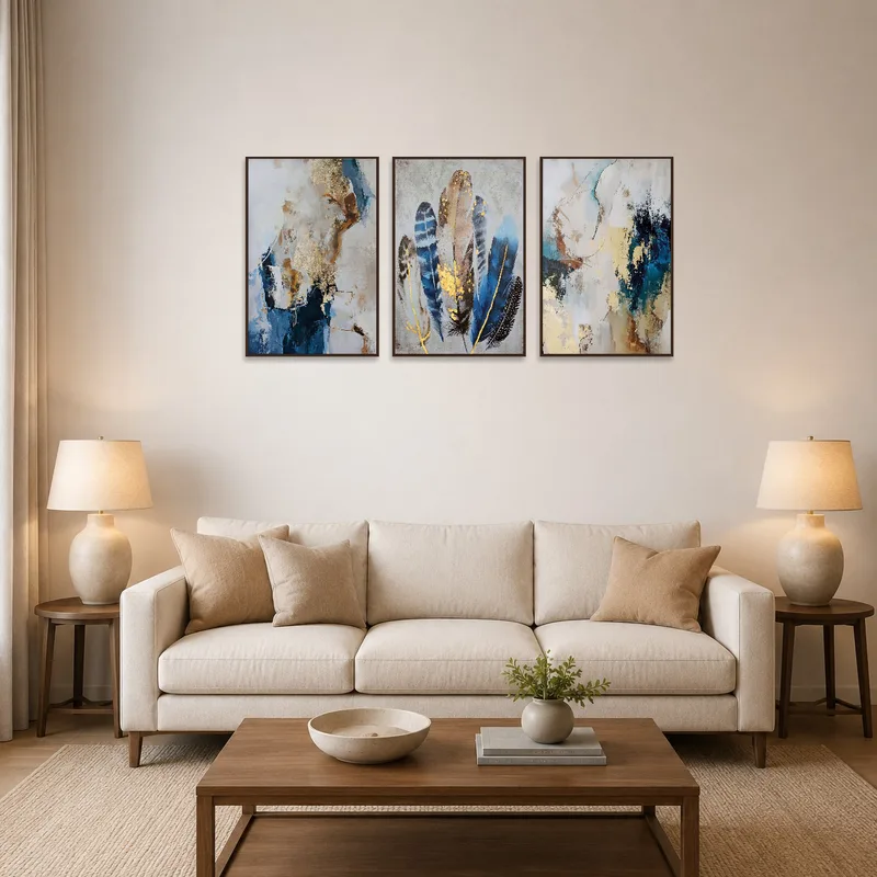 Abstract feather art triptych set above a contemporary sofa.