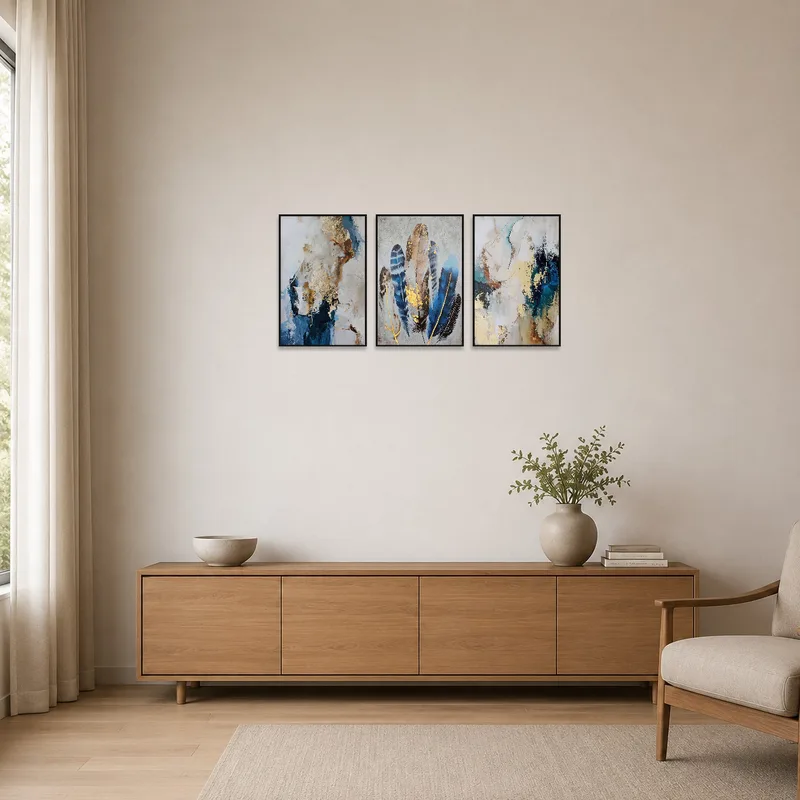Feather art set highlights a clean minimalist wall.