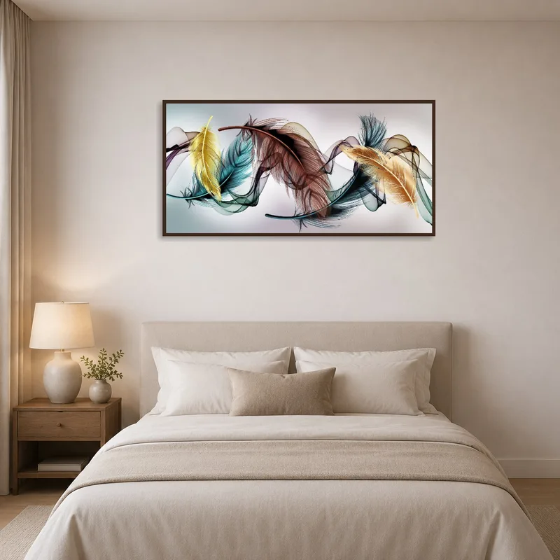Abstract feather piece adding elegance to a calming bedroom.