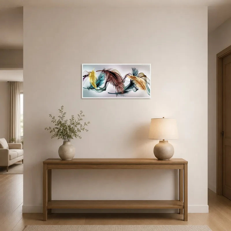 Feather artwork in soft tones accentuates a stylish entrance hall.