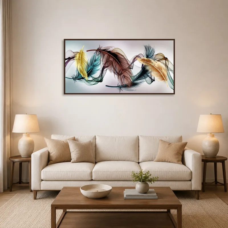 Abstract feather artwork in soft hues above a cozy living room sofa.