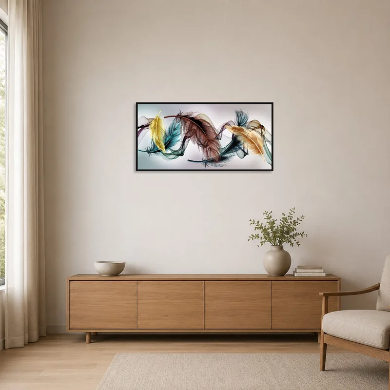 Subtle feather composition displayed on a minimalist white wall.