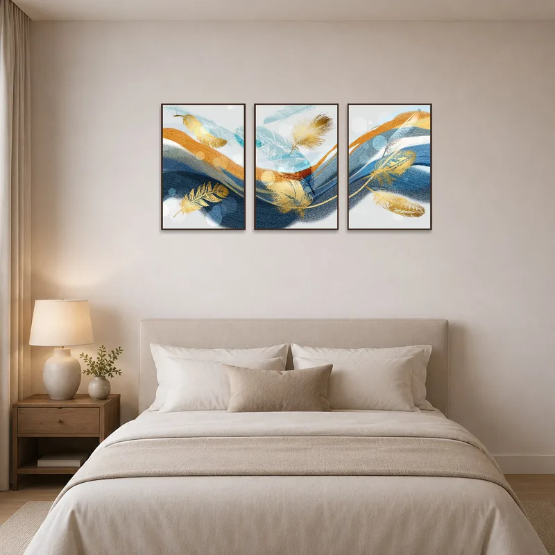 Serene bedroom scene with abstract feather art enhancing tranquility.