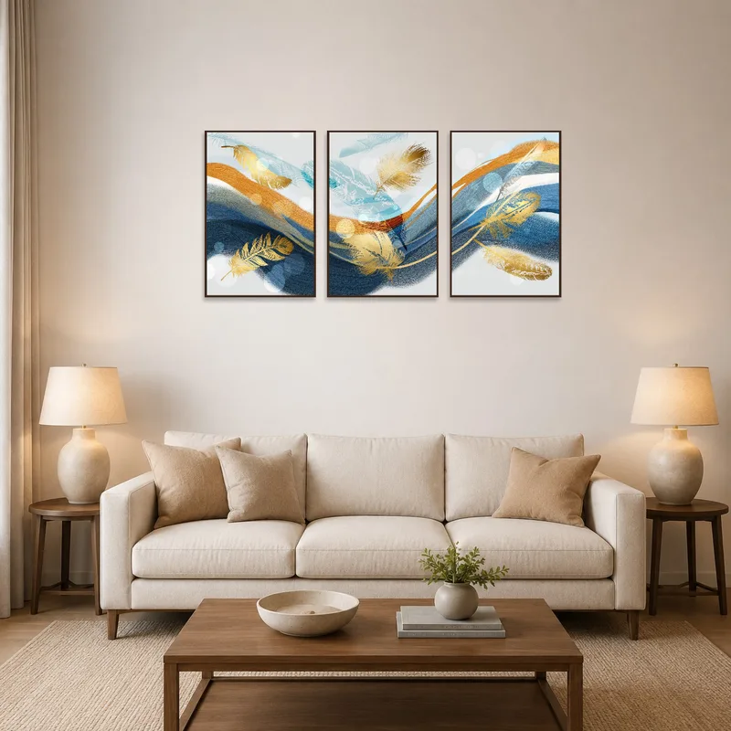 Blue and gold feather artwork set against a cozy living room backdrop.