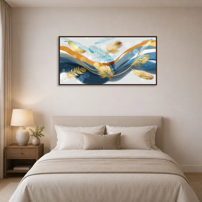 Bedroom setting featuring abstract feather waves art above the headboard.