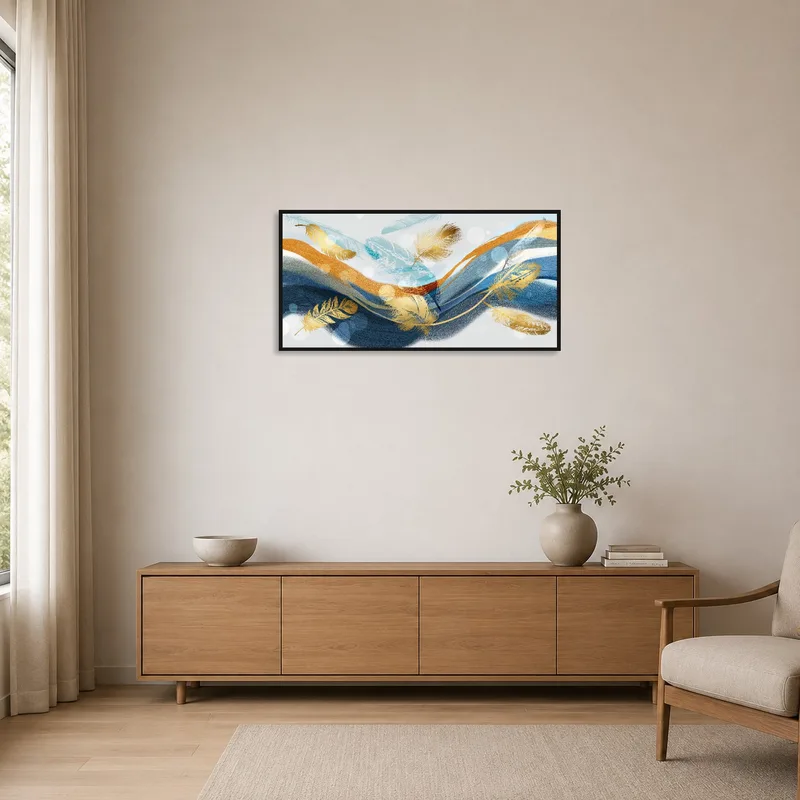 Minimalist room with abstract feather waves art on a clean white wall.
