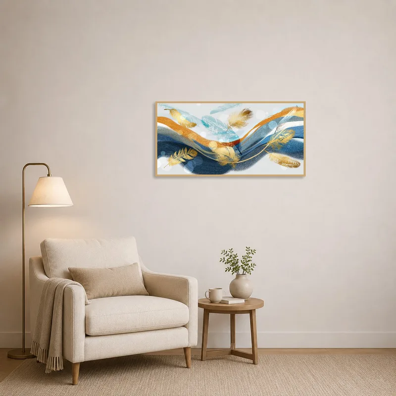 Reading corner adorned with abstract feather waves art for a serene vibe.