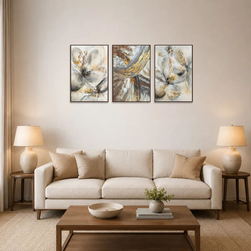 Abstract floral and geometric canvas set on a living room wall with a cozy seating arrangement.