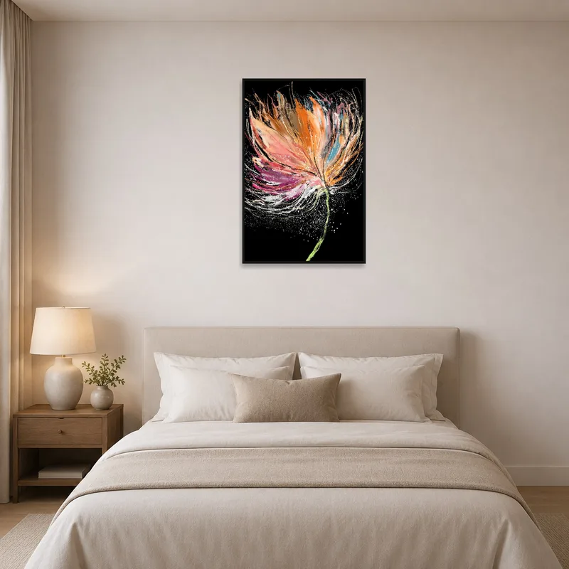 A burst of colorful abstract florals accentuate the serene ambiance of a bedroom.