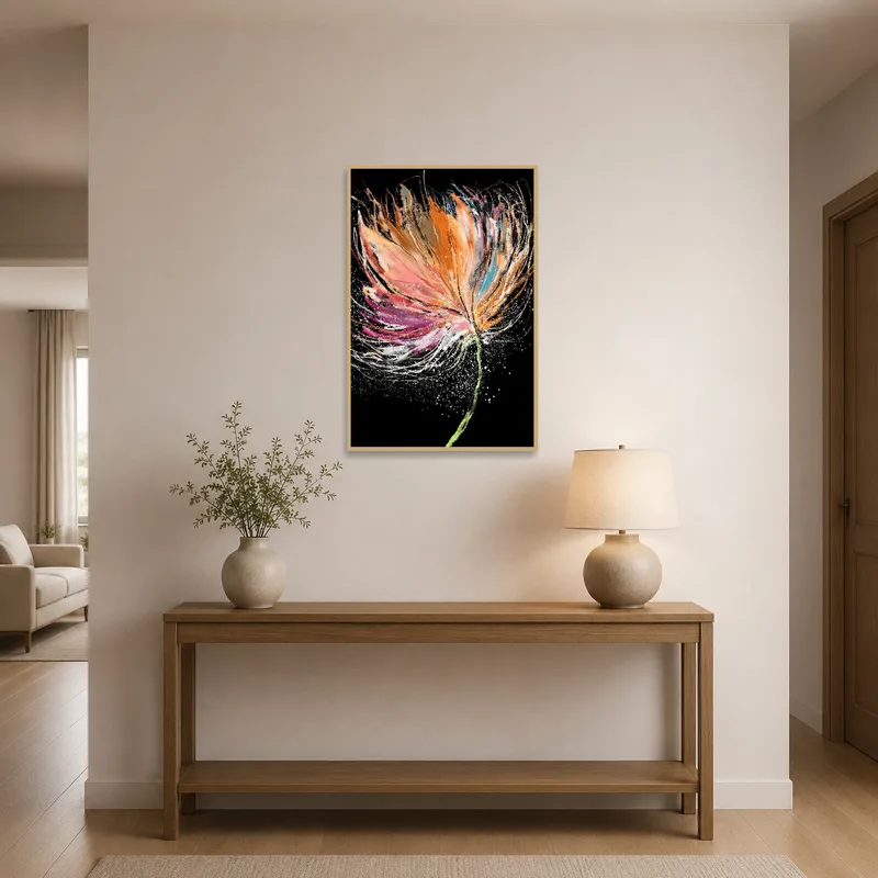 Floral artwork greets guests in the entrance hall with an explosion of color on black.