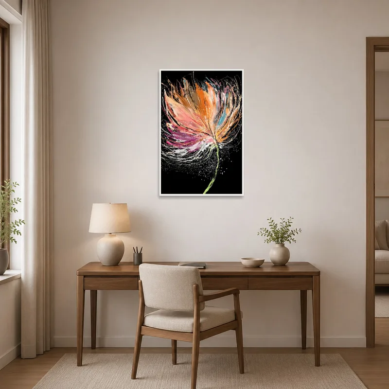 Home office walls come alive with expressive floral design against a dark backdrop.