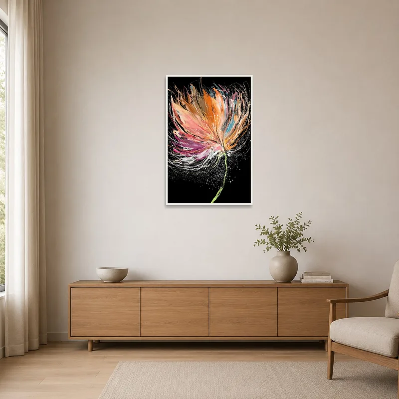 Bold floral explosion contrasts with the simplicity of a minimalist room setting.