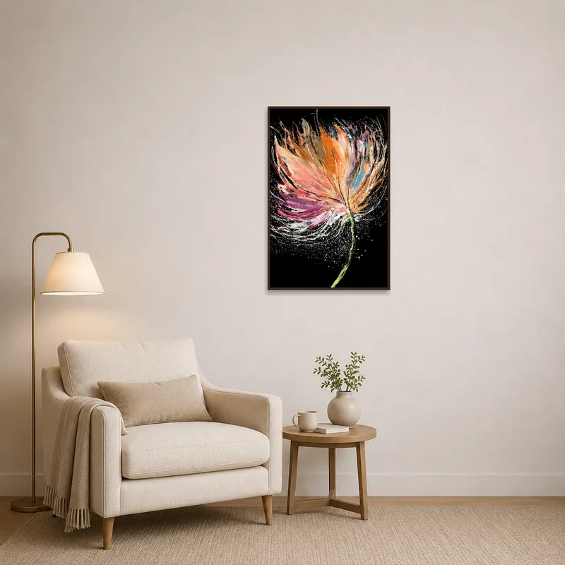 Reading nook features vibrant abstract flowers on black, adding creative flair.