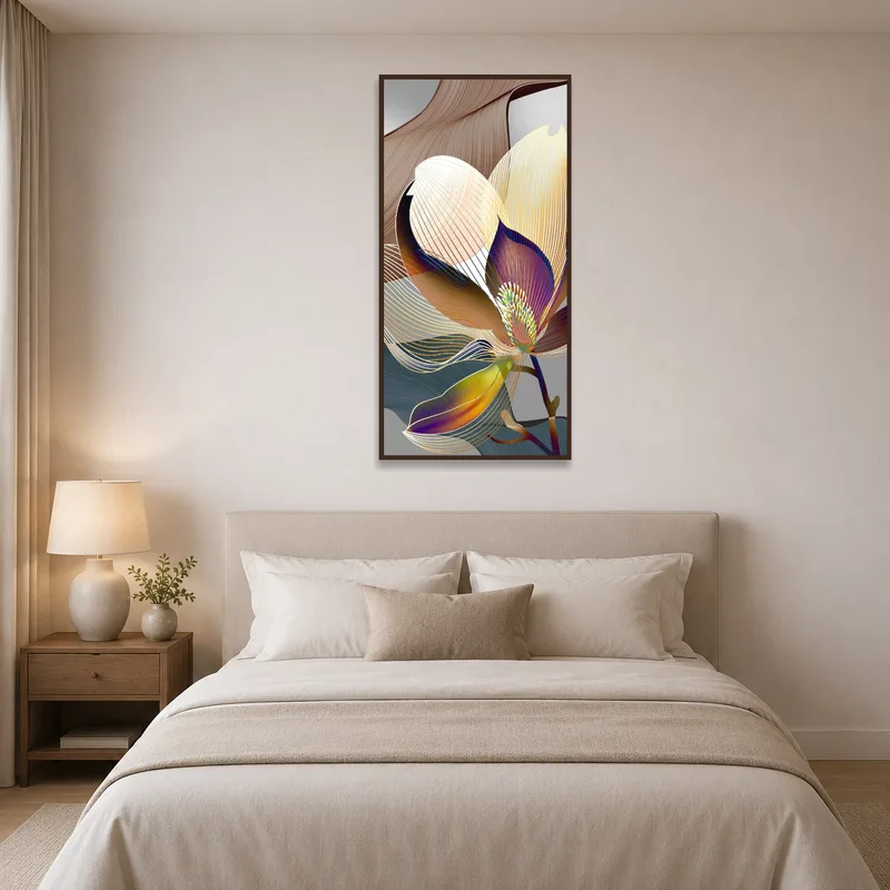 Stylish floral abstract adds a soothing touch to a bedroom wall.