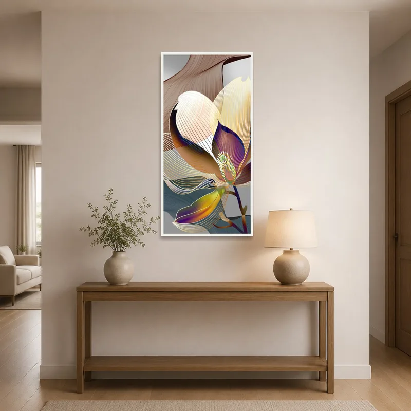 A striking floral abstract greets guests in the entrance hall.